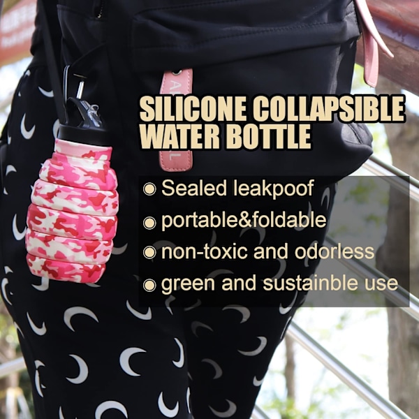 Hopfällbar Resevattenflaska 18oz, Återanvändbar BPA-Fri Silikon Hopfällbar Vattenflaska för Gym Camping Vandring, Bärbar Läckagesäker Sportvattenflaska Pink Camouflage Cup