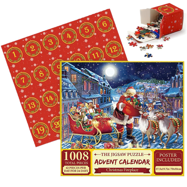 Julepuslespil adventskalender, 1008 stk. puslespil til voksne børn,jule adventskalendergaver til dåbsgaver (E)