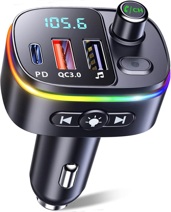 Bluetooth 5.3 Car Adapter, QC3.0 & PD 18W USB C Car Charger, 9 RGB Backlit Car Bluetooth Receiver