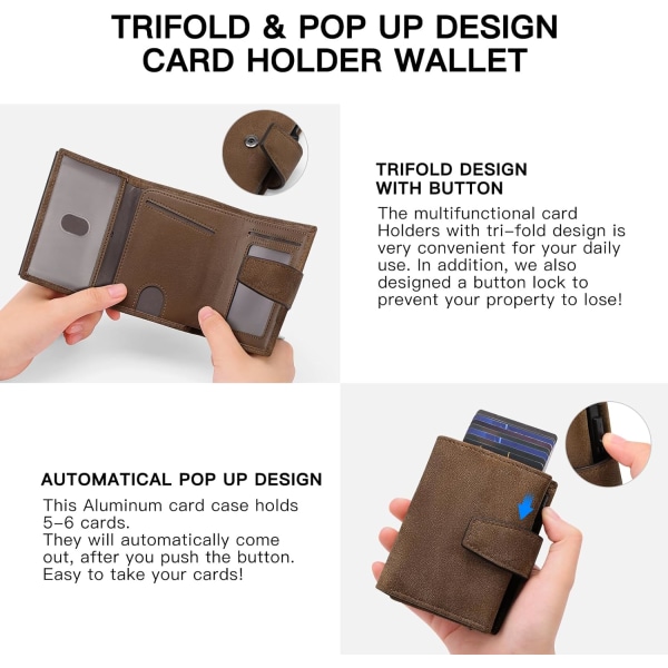 Kreditkortholder RFID-blokering Minimalistisk Trifold Herrepunge Automatisk Pop Up Metaletui med ID-vinduer og lynlåslomme Frosted Brown