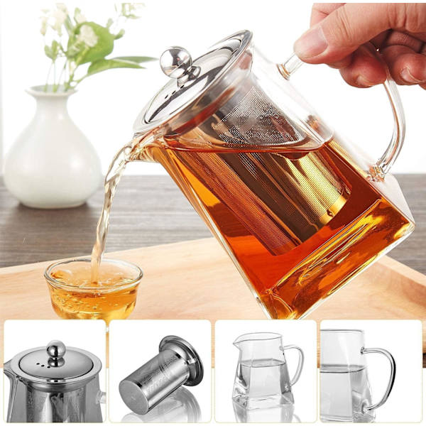 Glas Tekande med Infuser, 880ml Glas Tekande til 4, Tekande Si til Løse Te Blade Transparent 880ML