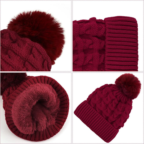 Mössa för kvinnor vintermössa termisk fleecefodrad hatt damer stickade ullmössor med konstpäls pompom RED One size