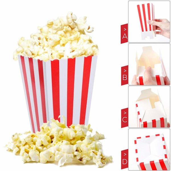 50 stk. Popcorn-æsker, røde og hvide stribede, små papir slikbeholdere, retro