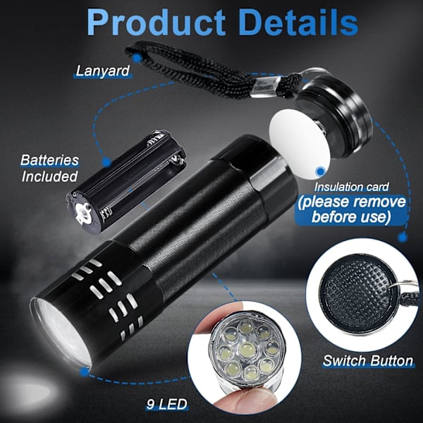 2 st Mini ficklampa Liten handhållen ficklampa Barn Led ficklampa 3 tum Vattentät Pennficklampa med snören för Camping Vandring Utomhus, Batterier Black, Silver