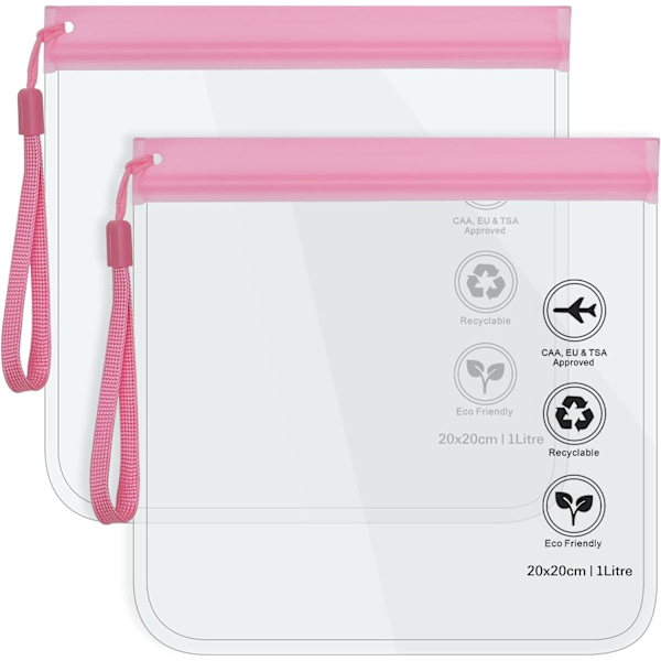 Läpinäkyvä matkatarvikepussi - Lentokentän turvatarkastusnestepussi, lentokentän nestemäinen pussi 20 x 20 cm TSA-hyväksytty, matkatarvikkeet Meikkipussit Loma Essent 2pcs Pink