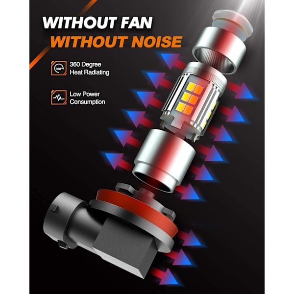 H11/H8/H16 LED-sumuvalot, 6000K Xenon White, 27 SMD-sirua, 360 asteen valaistus, ei-napaisuus, 2 kpl White H11/H8/H16