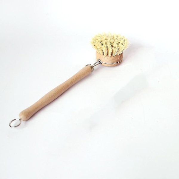 Wabjtam Solid Wood Bamboo Langskaftet Udskifteligt Hoved Sisal Gryde Børste, Køkken Rengøring Opvask Børste (1 stk, Log Farve)