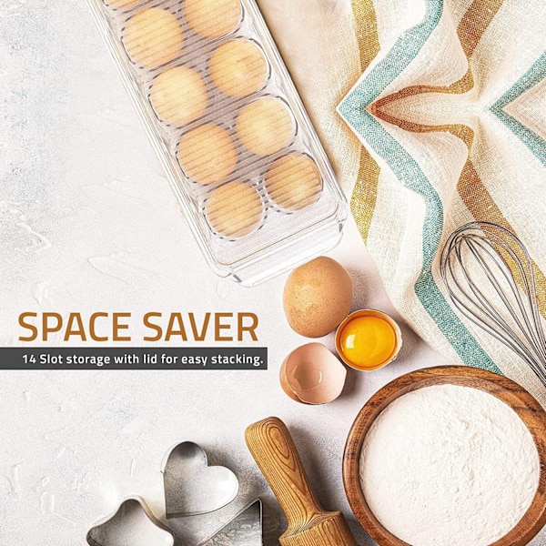 Egg Container for Refrigerator, 14 Egg Holder with Lid and Handle, Egg Organizer for Fridge, Egg Storage and Egg Tray (Transparent, 1-Pack)