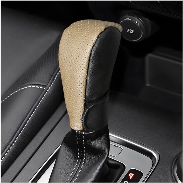 Växelspaksknoppsskydd, andningsbart bilskydd i läder, växelspaksknoppsskydd, halkfritt växelspakskydd, universella biltillbehör Black/Beige
