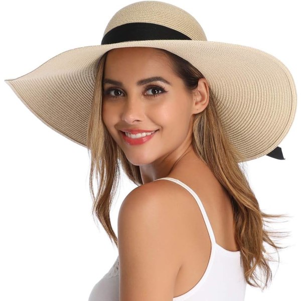 Damebred Strawhat med Bred Skygge, Foldbar, Rulbar, Strandhat, Solhat, UPF 50+ Bowknotbeige