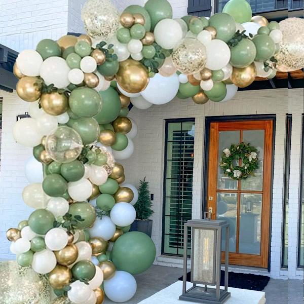 Salviegrøn ballonbue guirlande sæt, 152 stk. olivengrøn ballonbue sæt med hvide latexballoner guld metalliske latexballoner til drenge piger baby