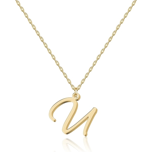 Personligt Halsband med Initial - Handskriven Script Stil Rostfritt Stål Minimalistiskt Smycke - Bleknar Inte & Hypoallergen - Presentpåse Ingår - 16\" U-gold