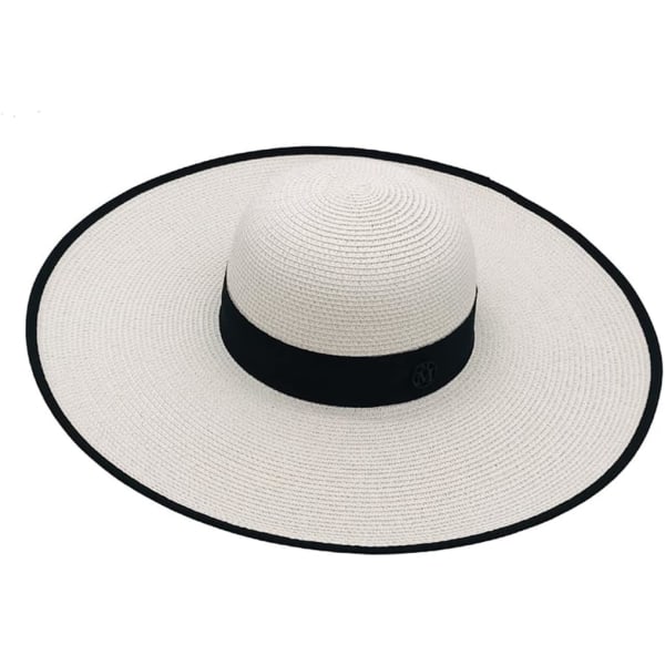 Kvinner sammenleggbar floppy bredbremmet stråsolhatt sommer strandhatt UV UPF 50+ 03Style White