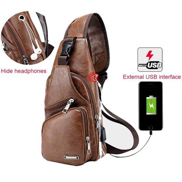 PU-nahkainen olkalaukku miehille ja naisille, pieni olkalaukku, crossbody-rintareppu, jossa USB-latausportti ja kuulokeliitäntä, ulkoiluun, matkustamiseen ja patikointiin #21brown(pu/Usb)