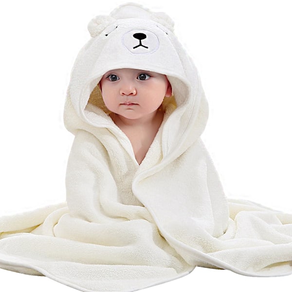 Mjuk babyhandduk med huva, söt djurdesign för pojke och flicka, nyfödd födelsedag (Vit) White bear