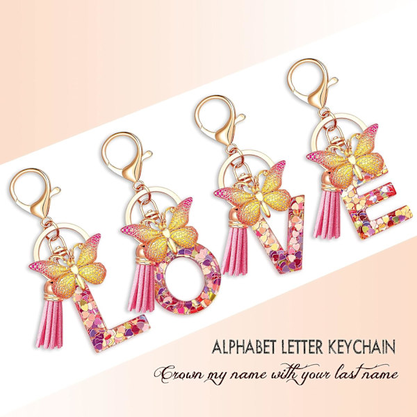 Nyckelringar i form av initialer för kvinnor Tofs Fjäril Rosa Lila Söt Bilnyckelring för Plånbok Handväskor Ryggsäck A-Z Pink N