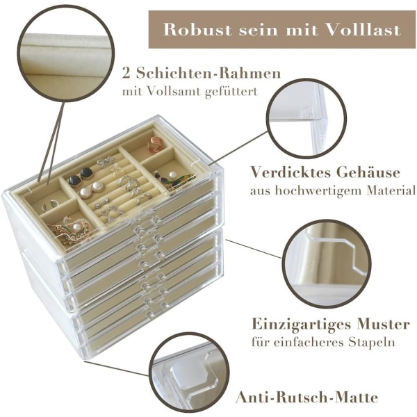 Smykkeæske til kvinder med 3 skuffer, smykkearrangør i fløjl til øreringe, armbånd, halskæde og ringe, opbevaring i klart akryl Transparent Cream  3 Drawers