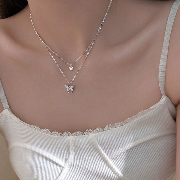 925 Sterling Silver Fjäril Halsband för Kvinnor Dubbla Lager Nyckelbenskedja Glänsande CZ Halsband Fina Gåvor Party Smycken Present