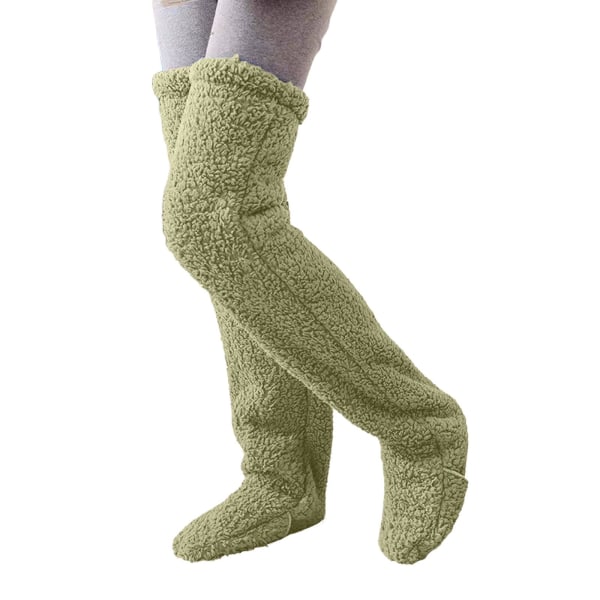Vinterplysj over knesokker Fuzzy tøffelstrømper lodne varme knehøye sokker Sovesokker for vinterhjem Tykke ulllår Høye sokker,avocadogrønn