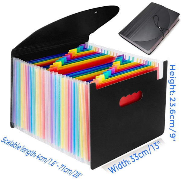 iser, A4 Dokument Organiser 24 Lommer, Twill Udvidende Harmonika-Mappe, Filopbevaringsboks med Låg, Etiketter og Klips (Sort-C)