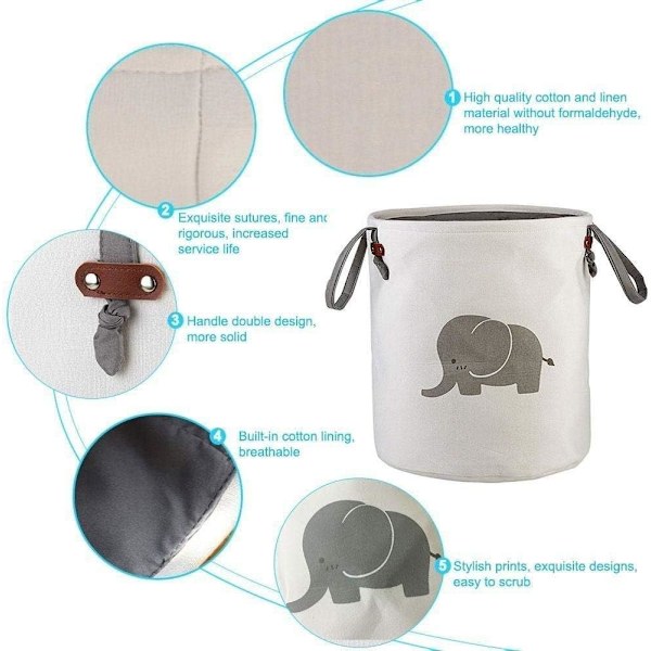 Förvaringskorgar, Bomull Vikbar Rund Hem Organizer Bin för Baby Nursery, Leksaker, Tvätt, Babykläder, Presentkorgar (Elefant) (Grå) Grey