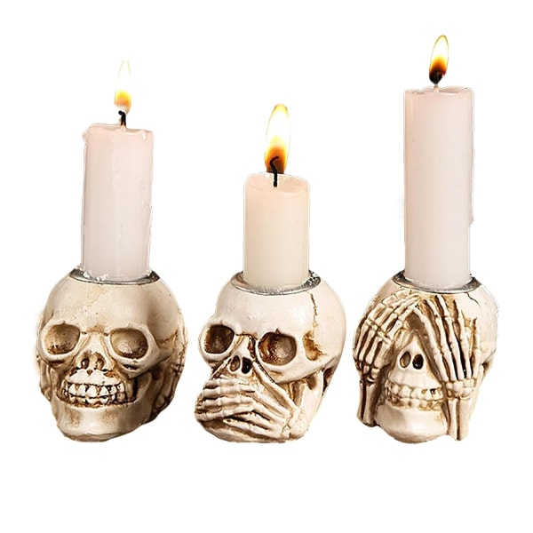 Skull-kynttilänjalka, kallo-kynttilänjalka, vintage luuranko-kallo-kynttilänjalka makuuhuoneen olohuoneeseen, Halloween-joulutalo (3 kpl kallo)