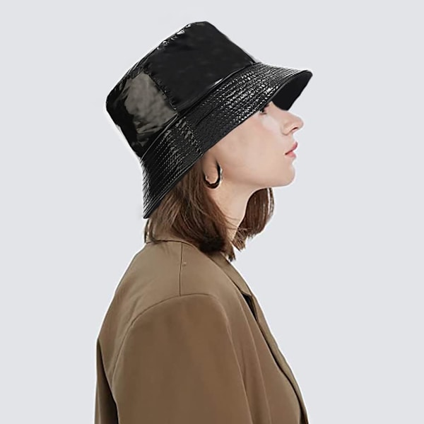 Söpö ämpärihattu rannan kalastajille naisille, kääntyvä kaksinkertainen kulutus PU Leather Black