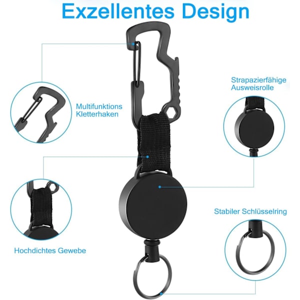 Retractable avainnauha, kestävä, ulottuva, vyöklipsillä, korttipidikkeellä, musta Black