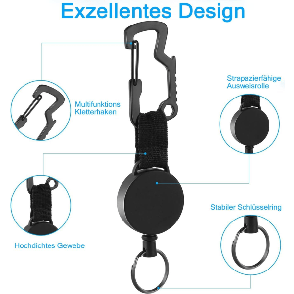 Utvidbar nøkkelring med belteklips, kraftig uttrekkbar snor med belteklips, merkeklipsutvidelse for ID-kortholder, svart Black
