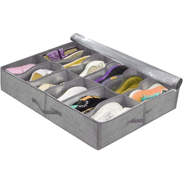 CE Under Bed Shoe Storage Organiser, Folding Under Bed Shoe Box with Transparent Lid Fits 12 Pairs Total - Underbed Storage Solution Style B Styleb1pc