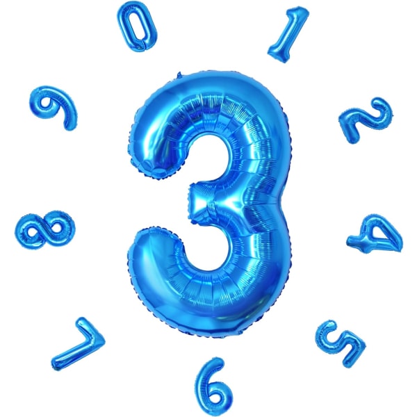 Nummerballonger, färgglada heliumballonger för födelsedagar, självuppblåsande nummerballonger, folieballonger för födelsedagsfest, nyårsdekoration Blue #3 Large