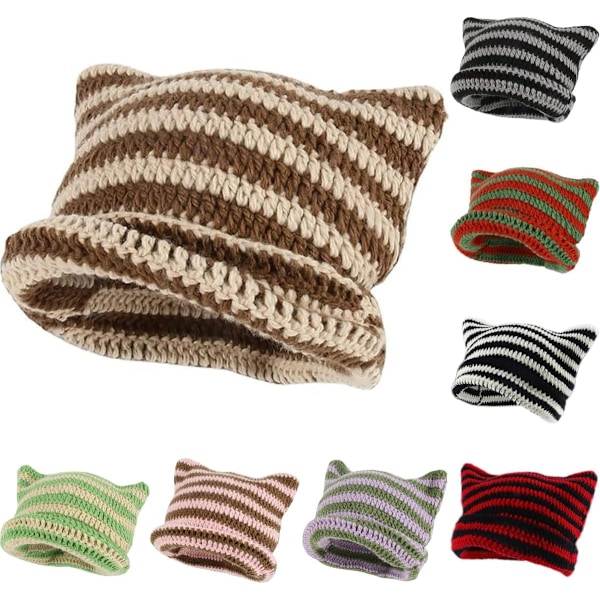 Dam Cat Beanie Stickade Hattar Med Öron Stickade Randiga Vinter Varma Slouchy Elastisk Mössa För Flickor Vuxna Barn Brown khaki One size