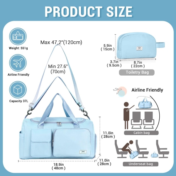 Sportväska för kvinnor och män, gymväska med skofack, weekendväska, övernattningsväska för kvinnor, hopfällbar, vattenavvisande, för sjukhus Light Blue (With Toiletry Bag)