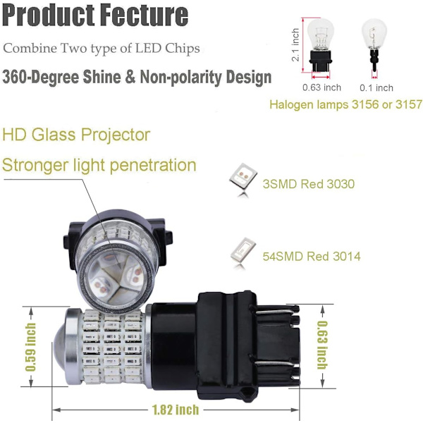 Nyeste 9-30V Super Bright Low Power Dual Brightness 3157 3156 3056 3057 LED-pærer med projektorerstatning til baglygter, Brilliant R Brilliant Red