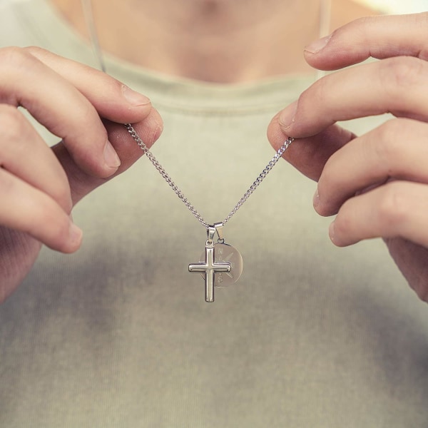 Halskjede i rustfritt stål for menn, 23\" med anheng - Håndlaget surfer-smykke - ingen anløpning og rust - Gave til menn - U (sølvfarge) Silver Compass & Cross