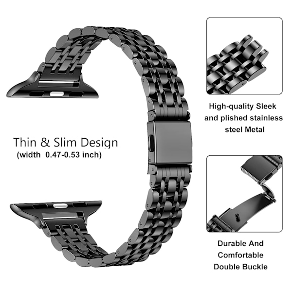 Erittäin ohut metalliranneke, yhteensopiva Apple Watch -rannekkeen kanssa 49mm 46mm 45mm 44mm 42mm (Series 3/2/1), tyylikäs ruostumattomasta teräksestä valmistettu linkkiranneke, (musta) 42/44/45/49mm