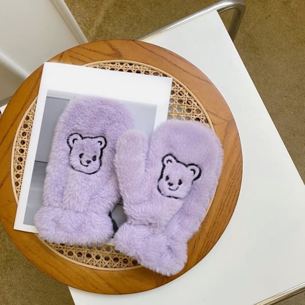 Plushdjursvantar med Fuzzy Bear-motiv - Vintermjukt, Hel Finger, Tjocka Vantar, Håller Varma, Ridvantar -