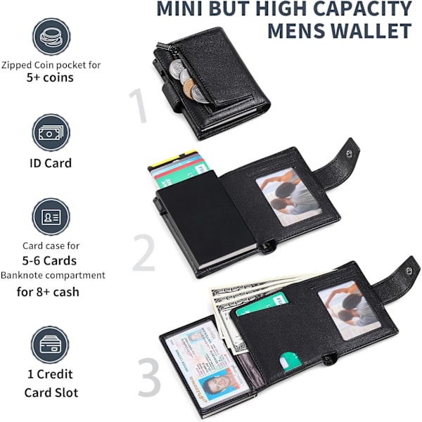 Kreditkortshållare RFID-blockerande minimalistisk trifold plånbok för män Automatisk popup-metallfodral med ID-fönster och blixtlåsförsedd myntficka Black