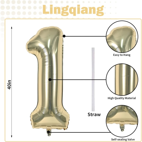 Guldnummer 1 Ballonger, 40 tum stora ljusguld nummer 1 folie heliumballonger för flickor kvinnor, självuppblåsande nummerballonger 0-9 för män pojkar 1:a 1 Champagne Gold Number 1
