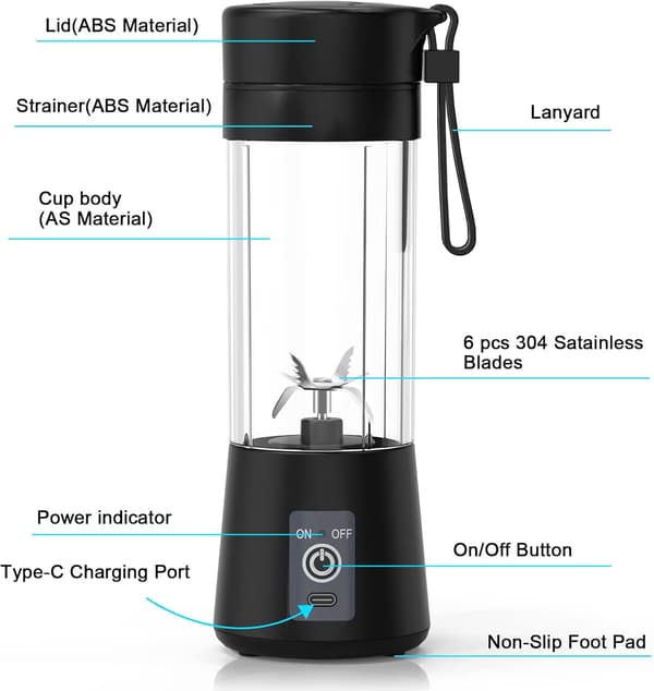 380ml Mini Bærbar Blender med Seks Blader, Personlig Størrelse