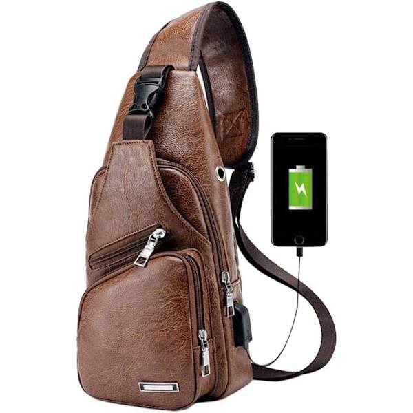 PU-nahkainen olkalaukku miehille ja naisille, pieni olkalaukku, crossbody-rintareppu, jossa USB-latausportti ja kuulokeliitäntä, ulkoiluun, matkustamiseen ja patikointiin #21brown(pu/Usb)