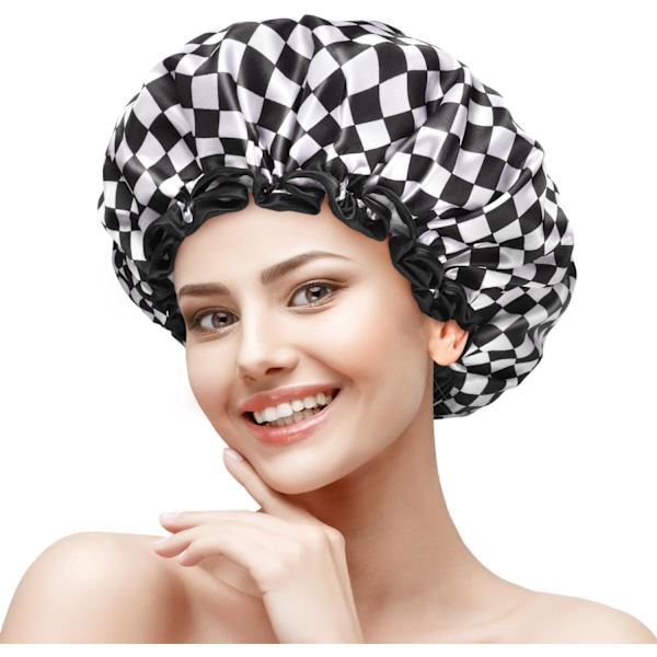 Brusekappe til kvinder, 2-pak, genanvendelig, dobbeltlags vandtæt badehætte med blødt PEVA-for, brusekappe til langt hår, medium, ternet Checkerboard Medium (Pack of 2)