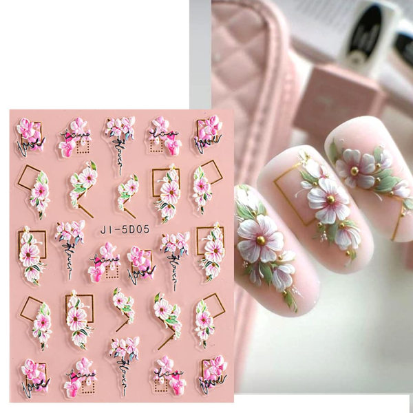 3D prægede blomsterblade Nail Art Stickers Decals 4 ark 5D Selvklæbende Sommer Blomster Negle Supplies Negle Art Design Dekoration Tilbehør