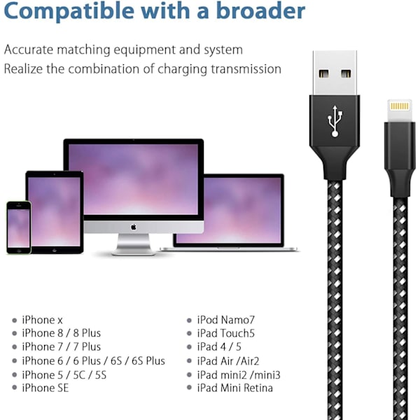 iPhone-opladerkabel Lynkabel 3-pak 3FT/1M Nylon flettet hurtigopladning og synkronisering iPhone-kabel Kompatibel med iPhone13 12 11 Pro Max XS XR X 8 3Pack 3FT Black&Silver