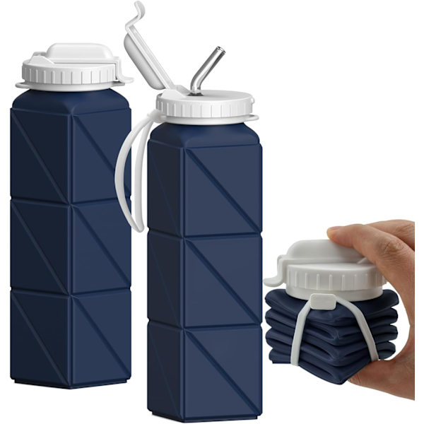 Hopfällbar Vattenflaska med Sugrör, Silikon Vikbar Bärbar Vattenflaska 610ml Lätt Vikt Återanvändbar Läckagesäker för Resor Camping Vandring Cykling Dark Blue