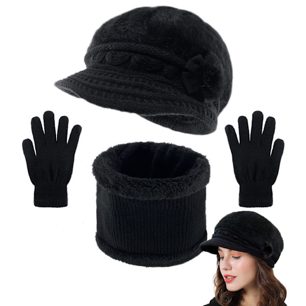 3 kappaletta hattu huivi ja käsineet setti talvi lämmin naiset slouchy neulottu kukka beanie hatut lippa fleece hatut ja kaula lämmin huivi käsineillä