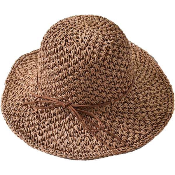 Solhatt i halm för kvinnor, damer, hopfällbar, bredbrättad, med rosett, justerbar, strandhatt, elegant hinkhatt, UPF 50 UV-skydd, bekväm Khaki One Size