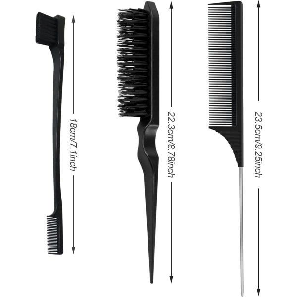 3 stk. Slick Brush Sæt, Plastikbørste Hårbørste Teasing Kam Edge Hårbørste Teasing Brush Sæt, Rottehale Kam Dobbeltsidet Edge Brush, til Te Black