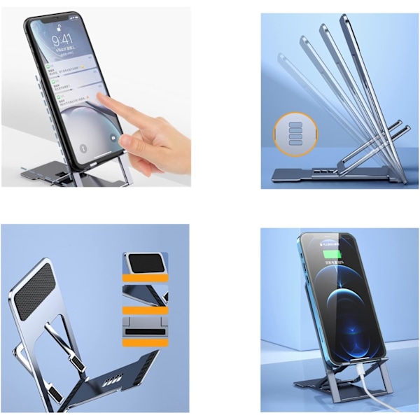 hin Bärbar Vikbart Mobiltelefonställ, Justerbart Vikbart Telefonställ, Vikbart Ställ För Skrivbord, Reseficka Ställ Kompatibelt med iPhone Smartp Silver