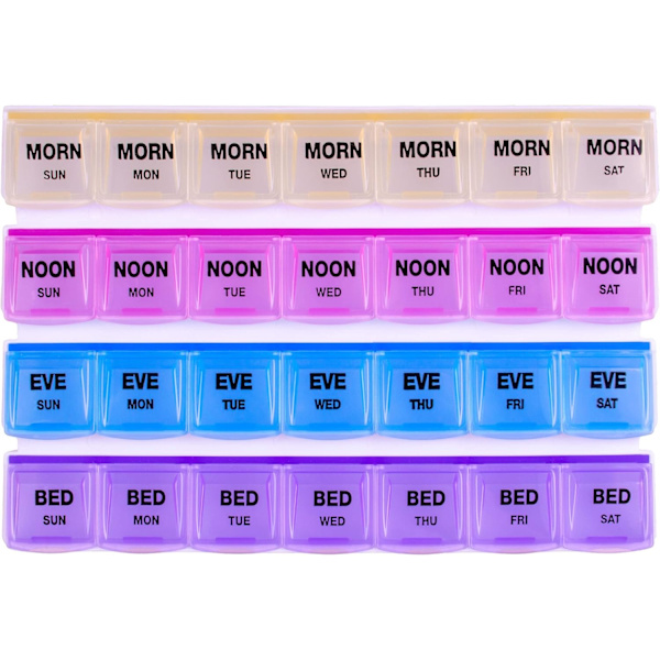 Weekly Pill Organizer, 4 Times a Day Color Coded, Easy Open, Clear Lids